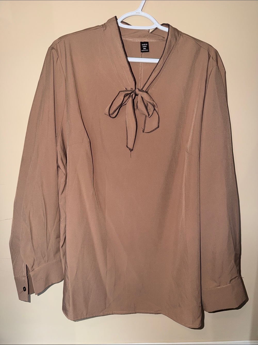 SHEIN Taupe Tie-Neck Long Sleeve Blouse